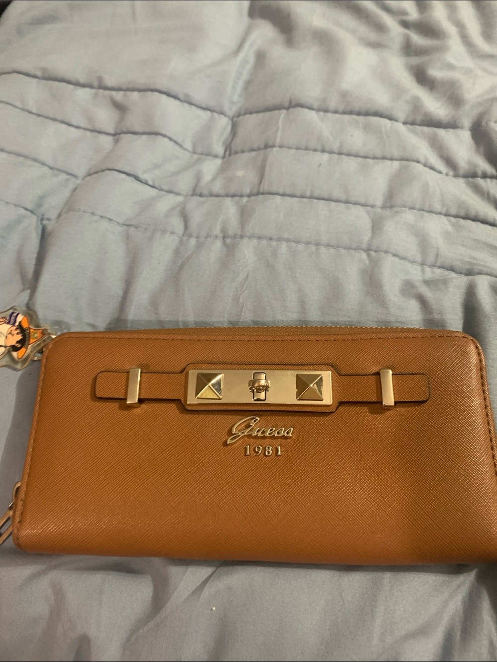 Guess 1981 Cognac Zip-Around Wallet with Gold Hardware